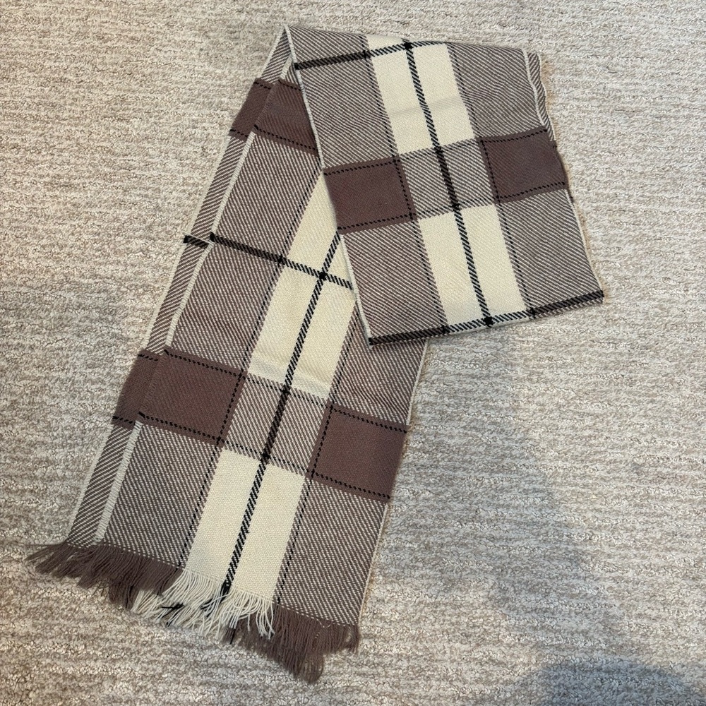 Unbranded Brown & Cream Plaid Neck Scarf - 65” X 8”
